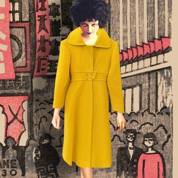 Vintage Jackets & Blazers - Vintage Yellow Wool Coat 1960s Mod Waist Tab Lined Swing S Mid Century 34” Bust